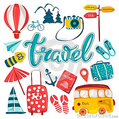 Travel, planning a summer vacation, adventure or business trip. Hand-drawn cartoon icons, tourist objects and passengers ` Luggage Vector Illustration